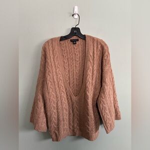 Karoo Mark Eisen Deep Plunge V-Neck Cable Knit Sweater BRWN Lambs Wool Blend